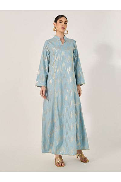 Styli Foil Pattern Print A-Line Jalabiya with Stand Collar