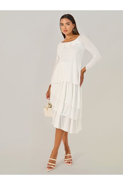 Styli Plain Ruffle Trim Layered A-Line Midi Dress