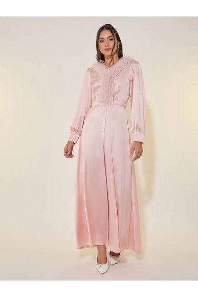 Take Two By Styli Solid Satin V-Neck Feather Trim Maxi Dress