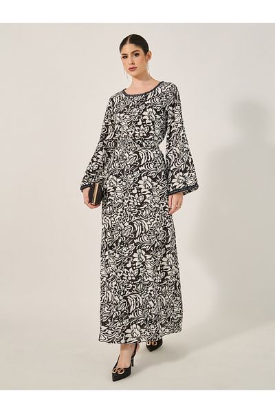 Styli Textured All-Over Print Round Neck A-Line Jalabyia