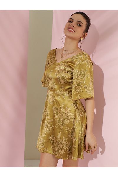 Kotty By Styli Floral Print Satin Fit and Flare Mini Dress with Flared Sleeves
