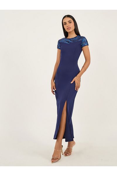 Styli Sequinned Front Slit Detail Sheath Maxi Dress