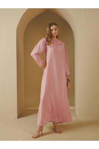 Styli Embellished Round Neck Mesh Insert A-Line Jalabyia