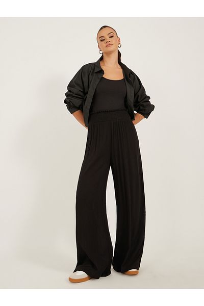 Styli High Rise Smocked Waistband Wide Leg Pants