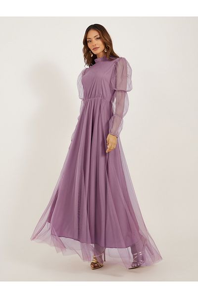 Styli U and F Women Mauve Net Maxi Dress
