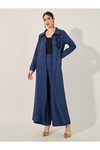 Styli Collared Lace Detail Buttoned Maxi Shirt and Trousers Set