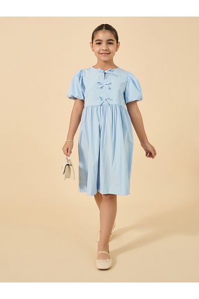 Styli teen girls solid dress with balloon sleeve and front bow