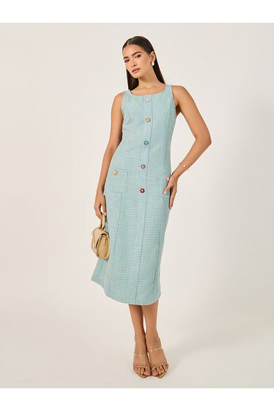 Styli Tweed Sleeveless A-Line Midi Dress with Button Detail