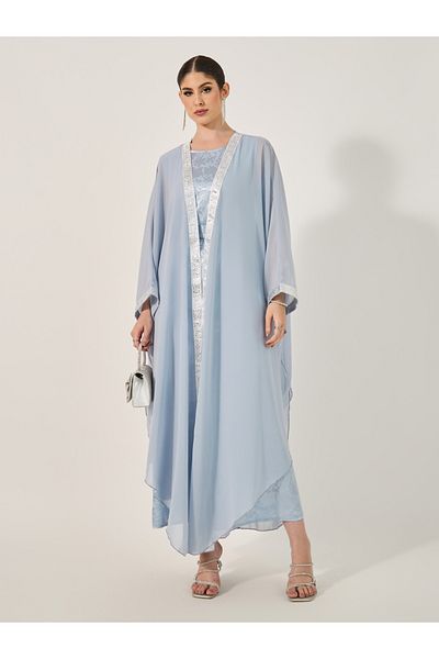 Styli Jacquard Batwing Sleeve Abaya with Inner Belted Dress Set