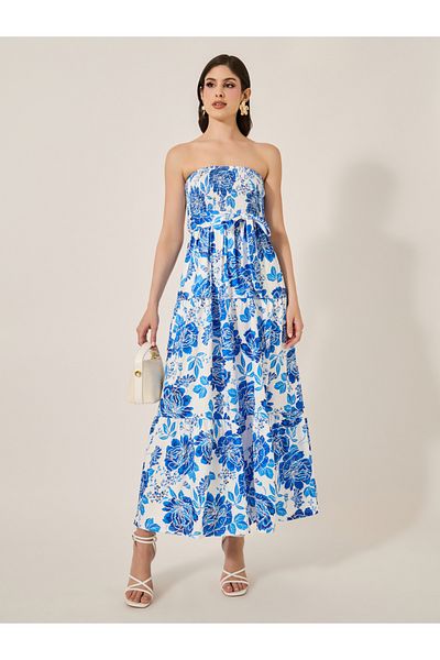 Styli Print Off Shoulder A-Line Maxi Dress