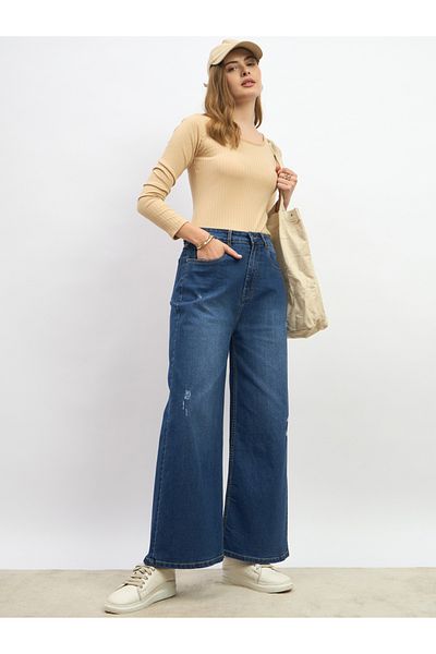 Styli Mid Rise Distressed Wide Leg Jeans