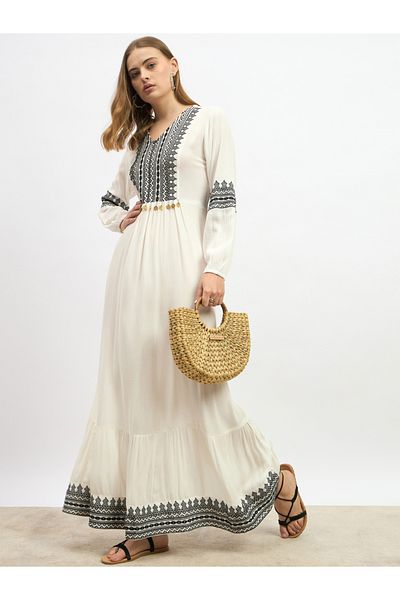 Styli Embroidered Cuffed Sleeves A-Line Maxi Dress