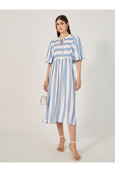 Styli Striped Balloon Sleeves A-Line Midi Dress