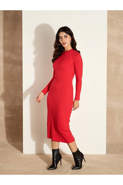 Sassafras By Styli Rib Bodycon Long Sleeves Midi Dress
