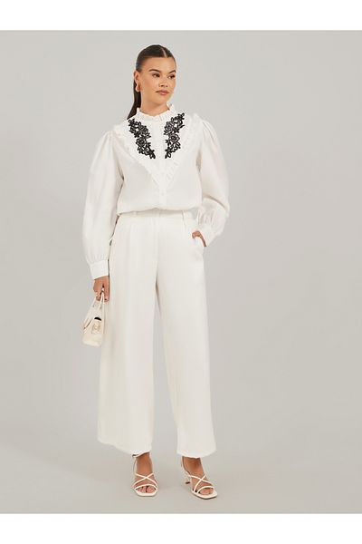 Luxewave By Styli Floral Embroidered Balloon Sleeve Shirt with Ruffled Detail