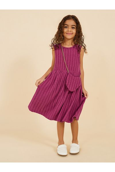 Styli Ribbed Knit Sleeveless A-Line Dress with Bag