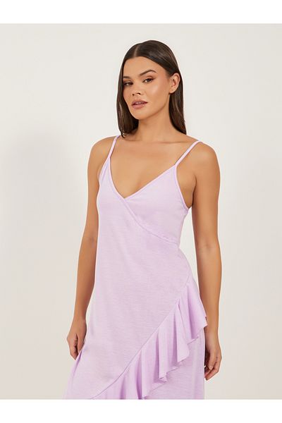Styli Ruffled Hem Strappy V-Neck Slip Dress