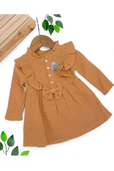 VEGAMOD Baby Girl Muslin Fisto Detail Bow Flowers Buttoned 6-9-12-18-24 Months Dress