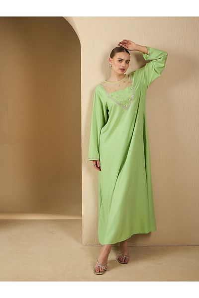 Styli Embellished Mesh Insert Round Neck A-Line Jalabyia