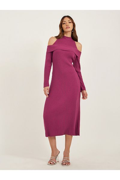 Styli Ribbed Cold Shoulder Sheath Midi Dress
