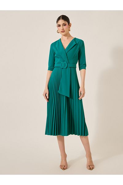 Styli Pleated 3/4th Sleeves A-Line Midi Dress