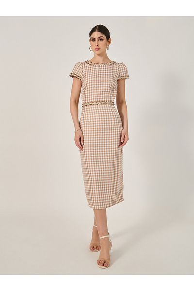 Styli Checked Short Sleeve Bodycon Midi Dress