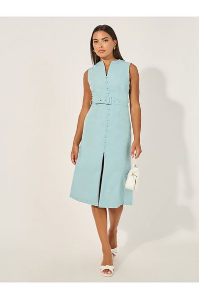 Styli Self Design Sleeveless A-Line Midi Dress with Fabric Belt