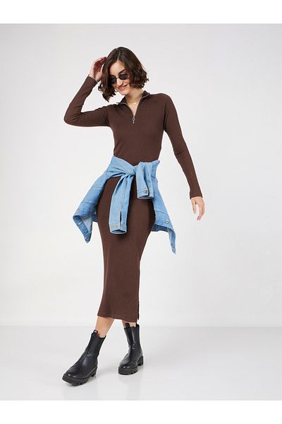 Sassafras By Styli Rib High Neck Front Zipper Midi Dress