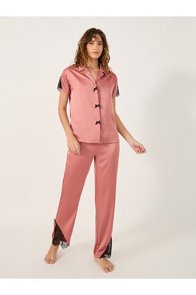 Styli Lace Insert Collared Shirt and Pyjama Set