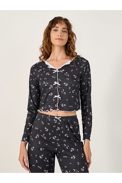 Styli All Over Print Ribbed Top and Pyjama Pants Set with Lettuce Edge Hem