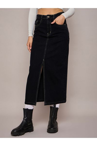 Sassafras By Styli Plain Front Slit Denim A-Line Midi Skirt