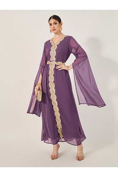 Styli Lace Insert Cape Sleeve V-Neck A-Line Kaftan