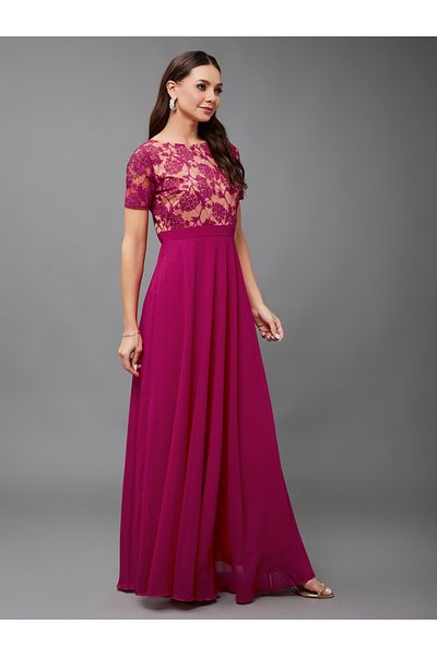Styli The Last Love Letter Lace Overlaid Maxi Dress Dark Pink