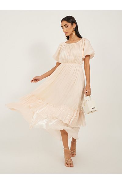 Styli Plain Balloon Sleeves A-Line Maxi Dress with Layered Hem
