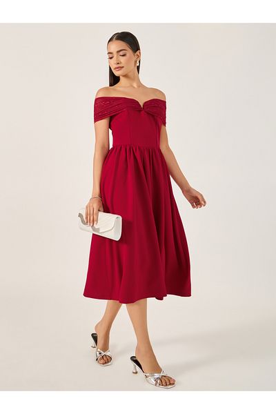 Styli Solid Off Shoulder Neck A-Line Midi Dress