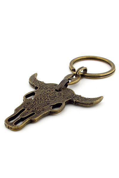 Solfera Patterned Bull Buffalo Skull Horn Antique Yellow Tumbled Metal Keychain Kc239