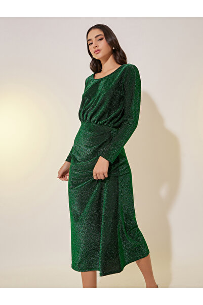 Take Two By Styli Metallic Design Long Sleeves Sheath Midi Dress