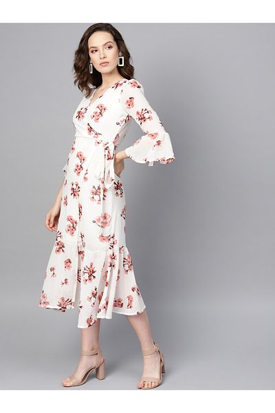 Sassafras By Styli Floral Print A-Line Wrap Midi Dress