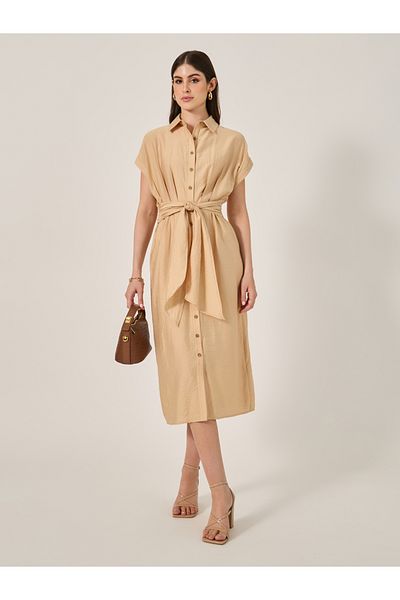Styli Solid Buttoned Tie Up Shirt Midi Dress