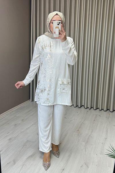 Ece Triko Gold Sparkle Detail Comfortable Fit Aerobin Fabric Hijab Double Set
