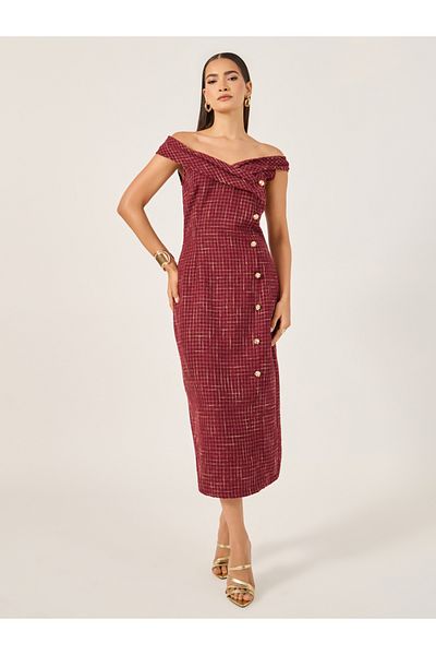 Styli Tweed Sleeveless Off Shoulder Sheath Midi Dress