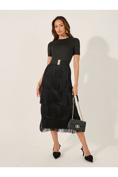 Styli Fringe Hem Detail Short Sleeves Sheath Midi Dress
