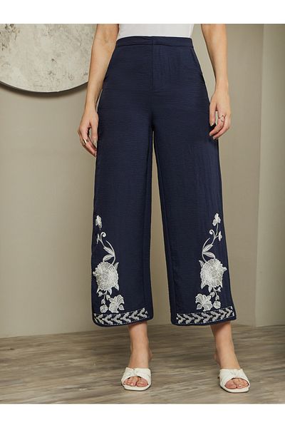 Styli Embroidered Hem Mid Rise Ankle Wide Leg Pants