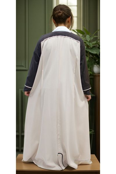 Generic Creamy white linen abaya with a folded collar and grey and white linen lining