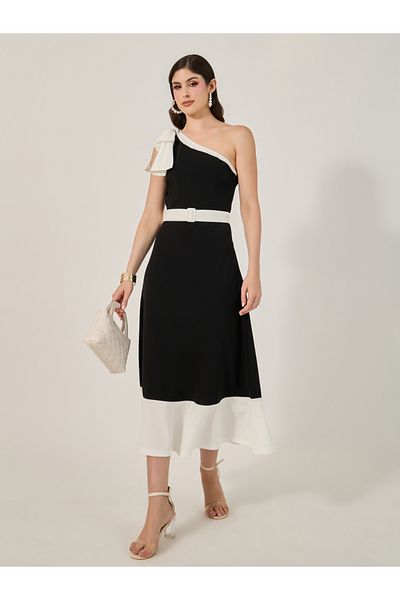 Styli Color Block One Shoulder A-Line Midi Dress