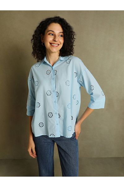 Dennis Lingo By Styli Schiffli Design 3/4 Sleeves Relaxed Fit Shirt