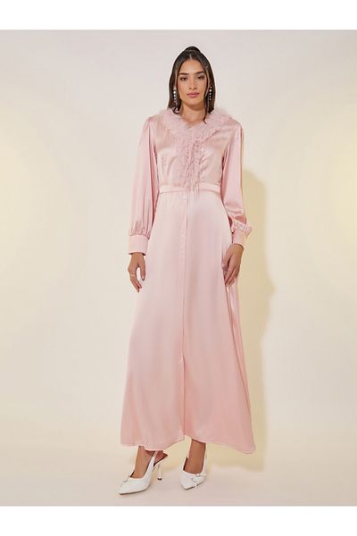Take Two By Styli Solid Satin V-Neck Feather Trim Maxi Dress