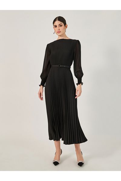 Styli Accordion Pleated Cuffed Sleeves A-Line Midi Dress