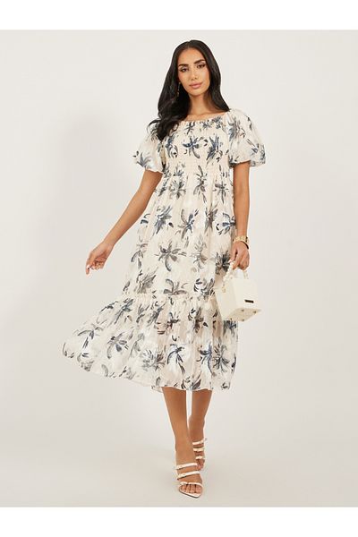 Styli Floral Print Smocked Balloon Sleeves A-Line Midi Dress