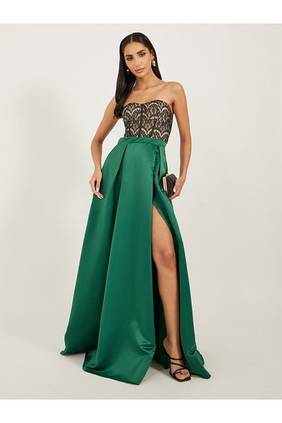 Styli Satin Embroidered Off Shoulder A-Line Maxi Dress